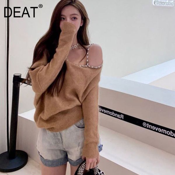 

[deat] solid asymmetric collar off shoulder drill chain loose plus size long sleeve y2k clothes spring gx697 210428, White;black