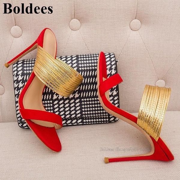 

european red black suede leather flock straps decoration high heel sandals woman summer slip on dress shoes
