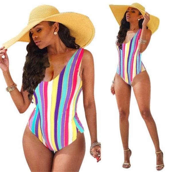 

suits bandage summer women swimwear rainbow unpadded one-piece bikini striped bra bathing suit swimsuit, White;black