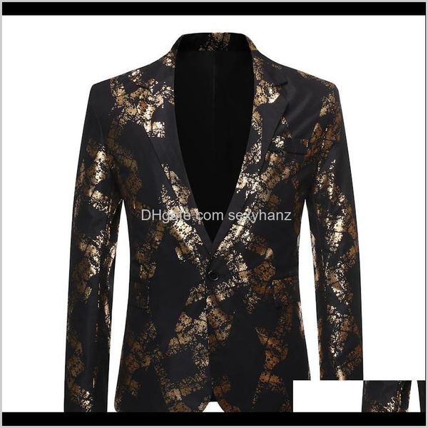 Костюмы Blazers Mens Одежда Одежда Одежда Доставка 2021 Одна кнопка Золотая фольга Golding Golden Floral Parted Club Stage Свадебный спортивный костюм SL