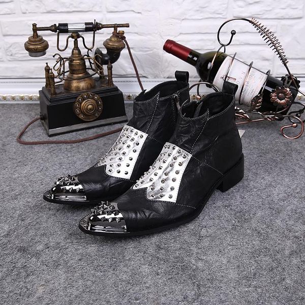 

boots men block leather rivet personality zip men's with pointed iron heads, Black