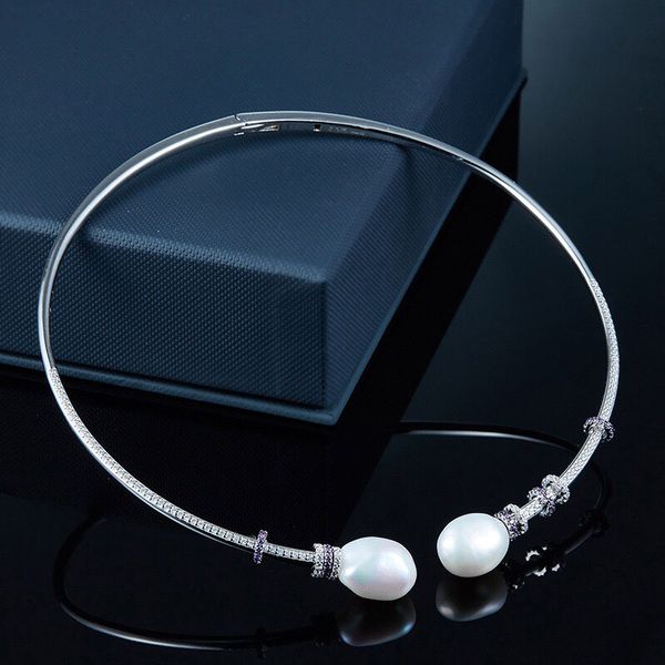 

necklaces sljely real 925 sterling silver fancy pearls open choker purple and whtie stones necklace for women party jewelry