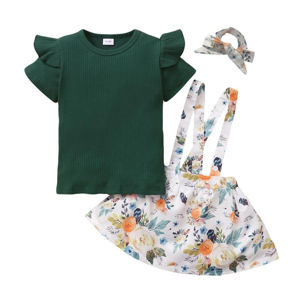 

kid girls clothes fashion summer clothing set short sleeve floral skirt headband 3pcs sets, White