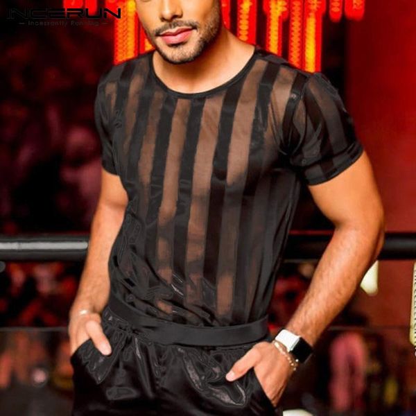 

men's t-shirts incerun 2021 male see-through party nightclub leisure short wear striped shirts sleeve net yarn tshirt s-5xl, White;black