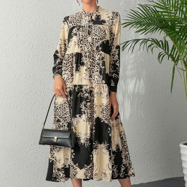 

casual dresses vanovich european and american retro loose print long-sleeved long dress 2021 autumn for women, Black;gray