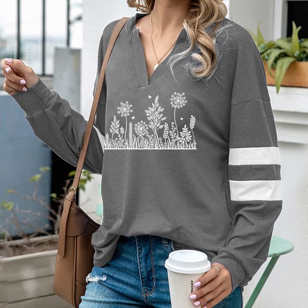 

2021 autumn women's v-neck dandelion simple printing leisure long sleeve sweater, Black