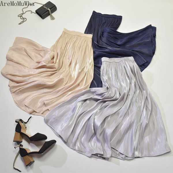 

skirts aremomuwha 2021 pleated bright silky shiny female super fire long section skirt was thin a word fairy silk touch mh484, Black