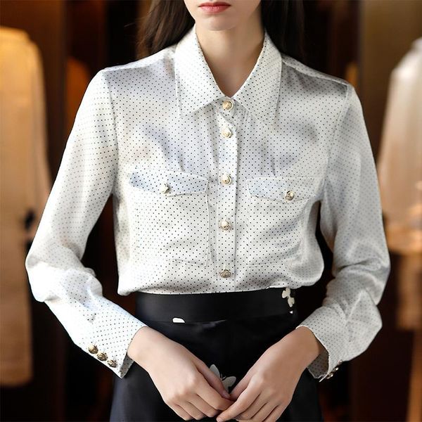 

women's blouses & shirts spring autumn real silk satin shirt elegant turn-down collar long sleeve dot print office lady white blouse