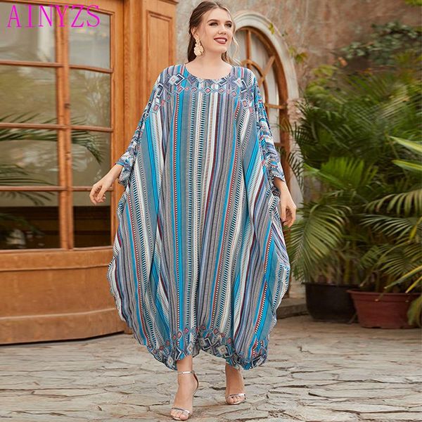 

plus size women's clothing large loose color striped print bat sleeve robe long elegant dress ethnic, Red