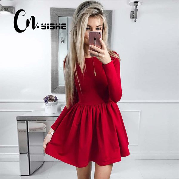 

cnyishe fashion casual red black dress women solid long sleeve slim a-line dress women mini dresses vestidos fall new 210419, Black;gray