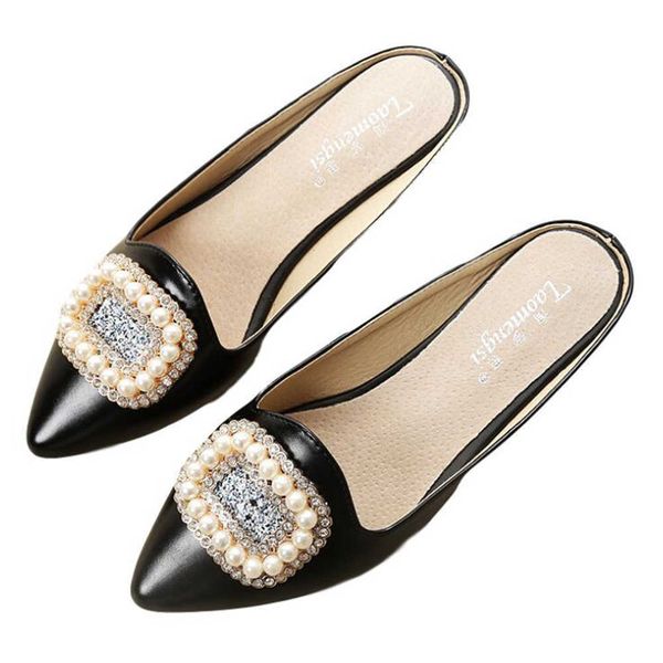 

women closed-toe semi-trailing shoes female pointed-toe lazy fashion pearl s mules slippers qq51 210625, Black