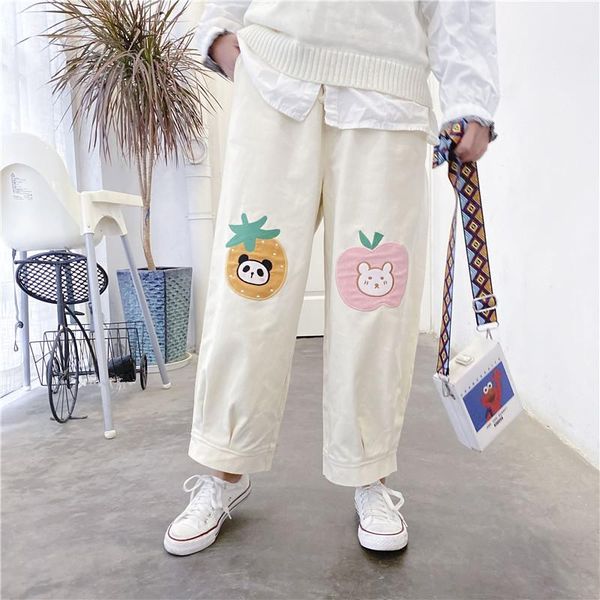

women's pants & capris spring women cute panda patch embroidery straight lantern nine japanese loose casual wide-leg mori girl, Black;white