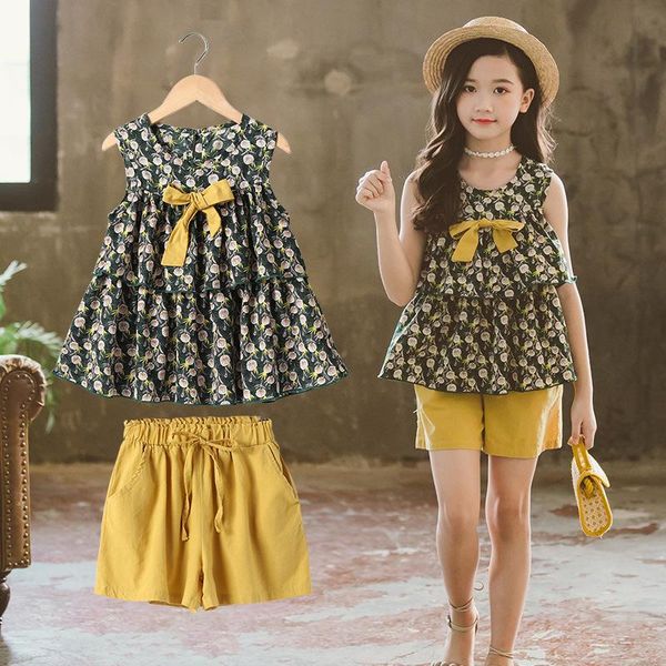 

clothing sets summer girls set korean flower print shirts and yellow shorts fashion children sleeveless outfits jogger 6 8 12yrs, White