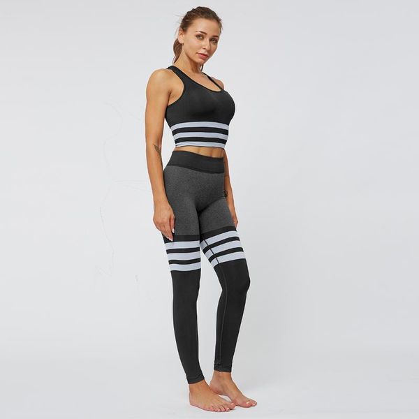 

yoga outfit seamless striped quick-drying clothes high-waist tight-fitting elastic hip-lifting fitness sports bra set pants women