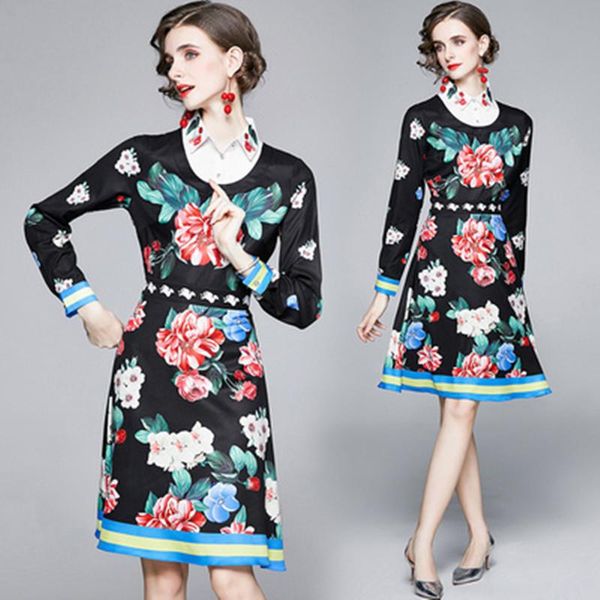 

casual dresses runway hepburn lady peony print long sleeve dress women's elegant ladies fashion party mini vintage autumn, Black;gray