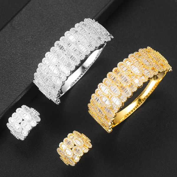 

earrings & necklace godki jimbora luxury noble 2pcs wide bangle ring set for women wedding super elegant shiny bracelet rings jewelry, Silver
