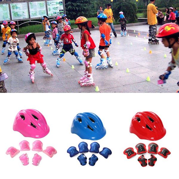 

elbow & knee pads children's roller skating protective gear 7 pcs set adjustable breathable wear resistant size helmet suit, Black;gray