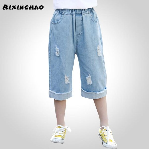 

jeans summer girl solid ripped for girls causl style kids with hole teenage children's clothing, Blue