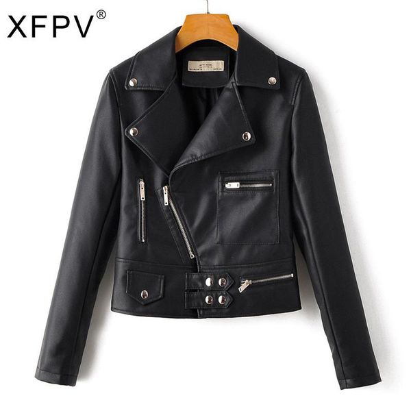 

women's leather & faux xfpv arrival 2021 winter autumn women pu jackets casual zipper rivet suit collar slim waist fashion coat sm575, Black