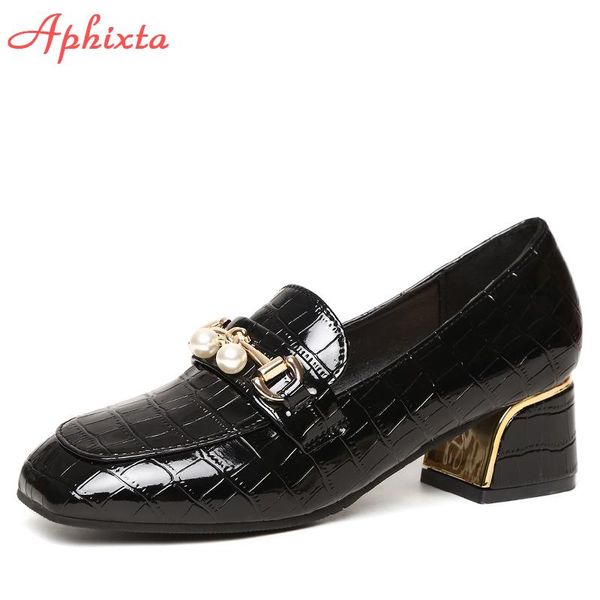 

dress shoes aphixta 5cm square heels pumps patent leather pearl buckle girls classics toe mary janes official party big size 42, Black