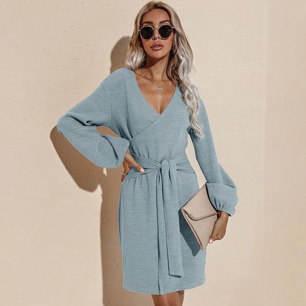 

casual dresses fashionable 2021 long sleeve bag hip v neck tie solid color dress for women's autumn winter all match, Black;gray