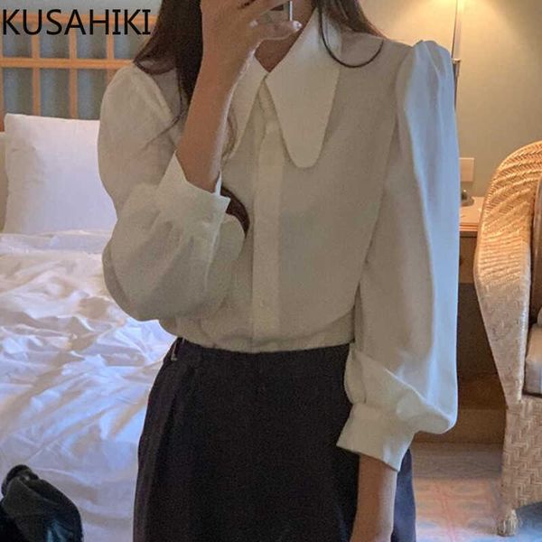

spring puff sleeve women blouse causal turn-down collar sweet shirt korean solid camisas de mujer elegantes 6e400 210603, White