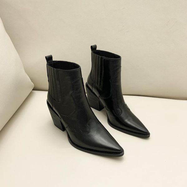 

boots suede brown pointed toe short women heels retro style shoes, Black