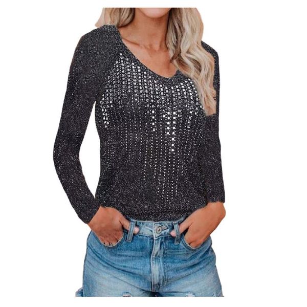 

women's t-shirt fashion sequined shirts for women casual v-neck long sleeve tee pullover outwear clothings camisetas, White