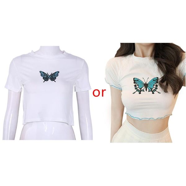 

women's t-shirt women short sleeve casual butterfly printed o-neck summer contrast color ruffles bodycon fit streetwear, White
