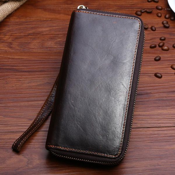 

wallets 2021 men wallet retro purse genuine leather casual double zipper long business clutch bag1, Red;black