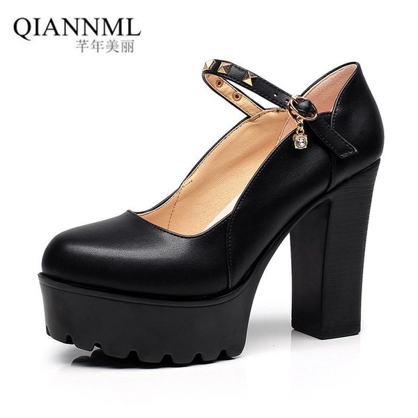 

dress shoes women's genuine leather with heels 2021 rivet high platform pumps woman square heel office work black