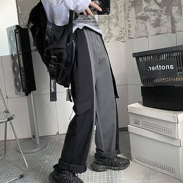 

women's pants & capris trousers trend casual overalls ins men and women net red suit fabric stitching contrast color loose wide-leg, Black;white