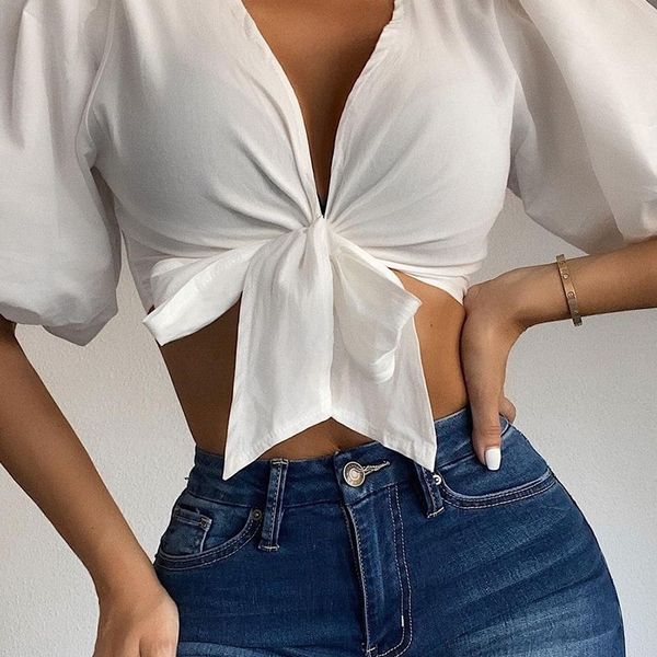 

2021 new women's bow v-neck solid medium sleeve short top, Black;white