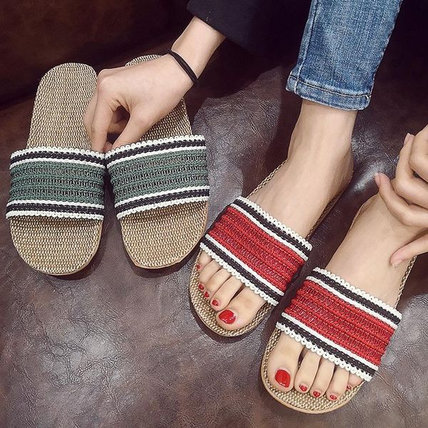 

summer ladies home cotton linen slippers couples fabric indoor non-slip flip flops women/man fashion floor flat shoes, Black