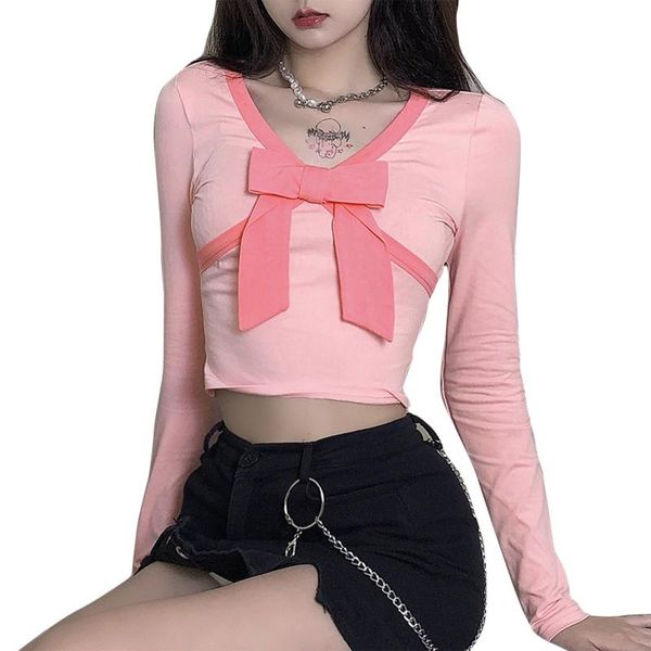 

women's t-shirt women long sleeve v-neck t shirt 2021 autumn sweet contrast color ribbon bowknot slim fit harajuku casual pullover, White