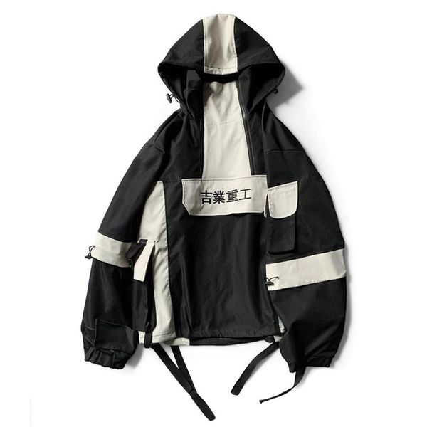 

multi pocket stormsuit hiphop casual stitching half zip hooded women men's clothes antique jacket japanese style streetwear jackets, Black;brown