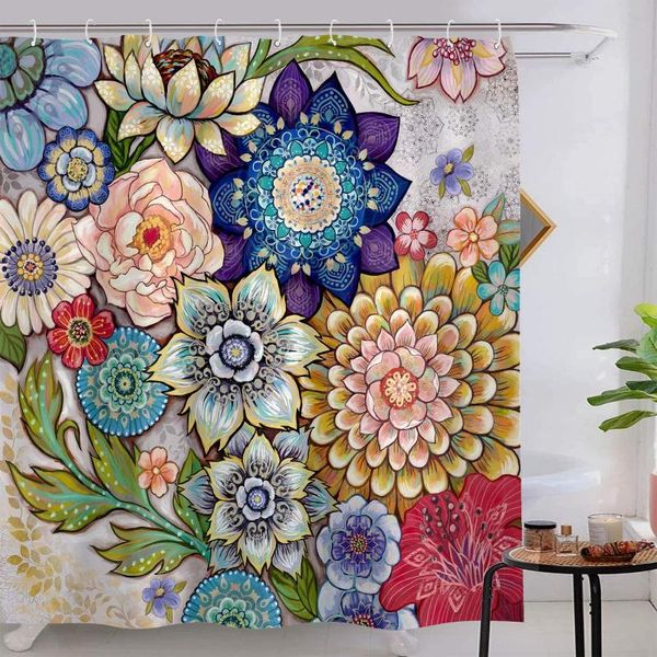 

boho floral plant shower curtain bathroom decorative multi color flower vibrant blossom set with 12 hooks waterproof fabric curtains