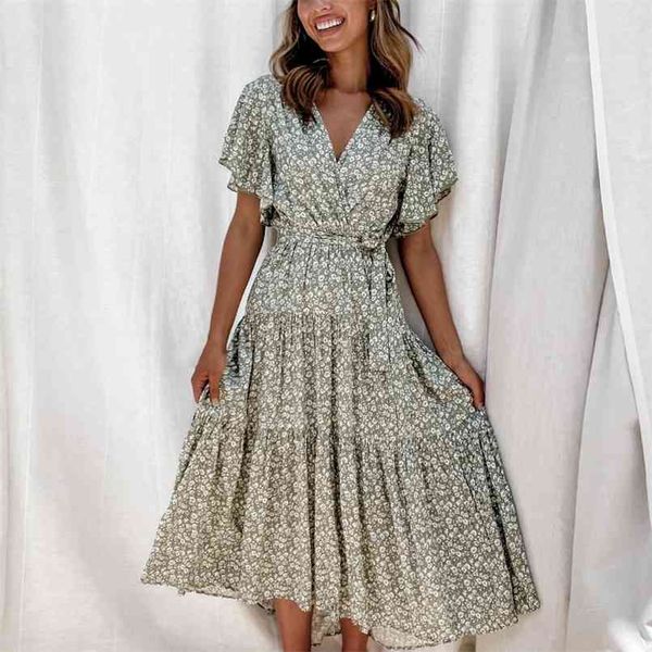 

boho maxi long dress women summer elegant v-neck cross polka dot floral belt vintage dress beach female vestido 210508, Black;gray