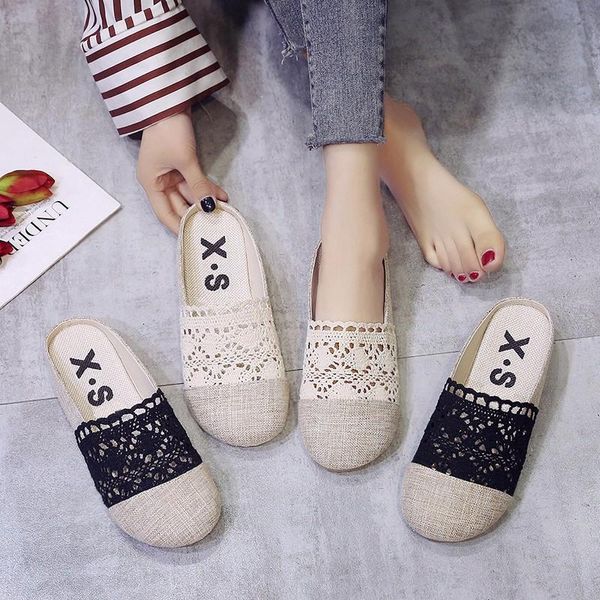 

breathable flat with shoes for women 2021 summer footwear lace patchwork ladies slippers casual shallow sandals bj3107, Black