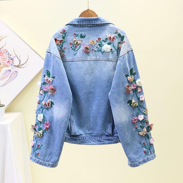 

women's jackets autumn women 2021 embroidery 3d flowers pearl bead denim coat woman long sleeve jean jacket feminina coats, Black;brown
