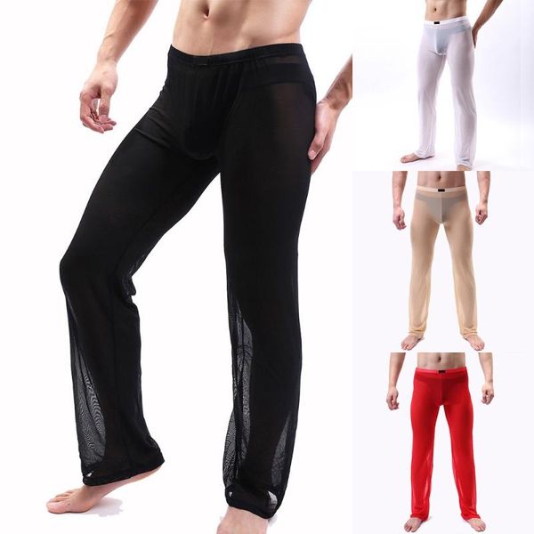 

men's sleepwear mens pajama bottoms see through stretch elastic casual pants sheer mesh loose soft underwear home trousers, Black;brown