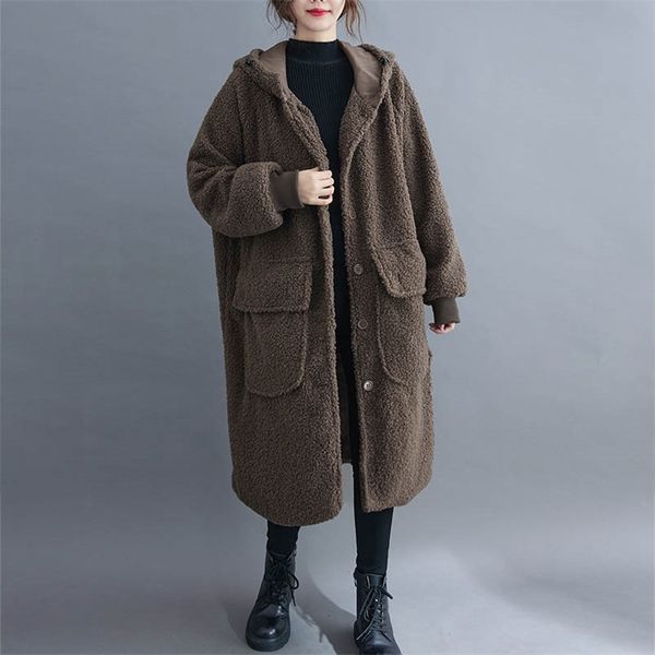 

lady hooded coat large size autumn winter lambswool thickening warm cashmere jacket high-quality quilted office fur parkas 210923, Black