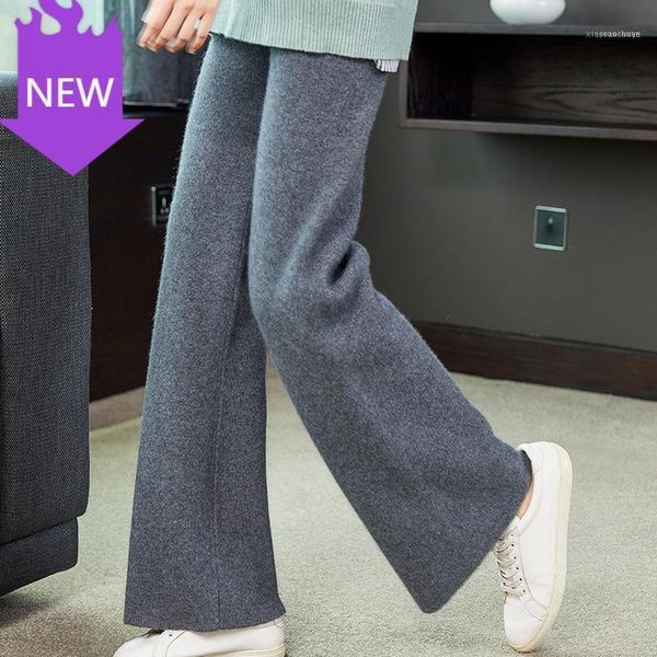 

women's pants & capris soft waxy comfortable high-waist knitted female thicken wide leg women 100% cashmere and wool 2021 autumn1, Black;white