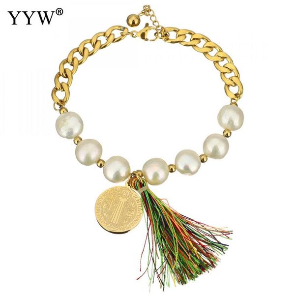 

charm bracelets freshwater cultured pearl bracelet stainless steel with tasselflat round gold color plated chain letter pattern for woman, Golden;silver