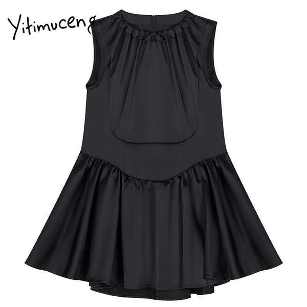 Yitimuceng складывает твердое платье Женщины черные весенние одно плечо O-шеи без рукавов высокая талия мода одежда офисная леди 210601