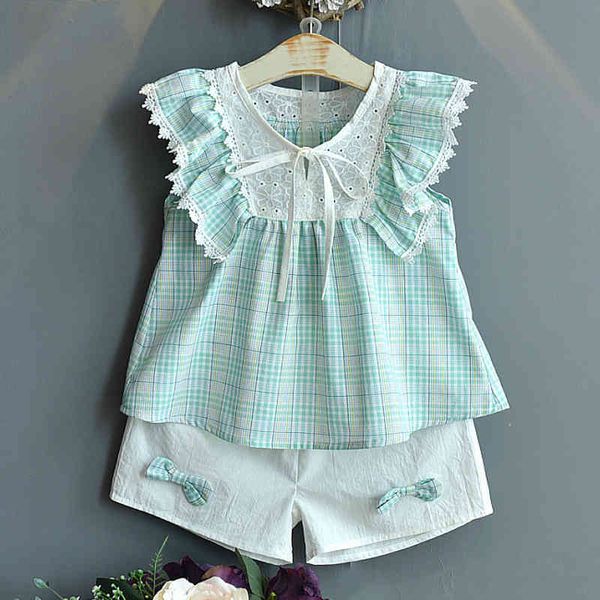 

girls' clothing set summer sleeveless plaid print + bow shorts 2-piece fashion cute children's 210515, White