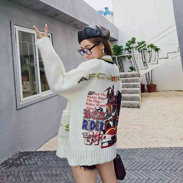 

sweaters europe station autumn sequined letters cartoon pattern cardigan pocket sweater jacket women loose thick, White;black