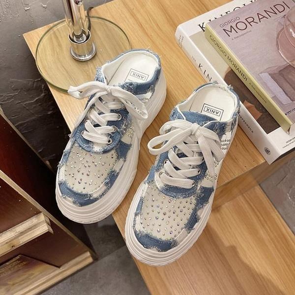 

slippers home platform shoes cover toe fashion summer flat denim girl's, Black