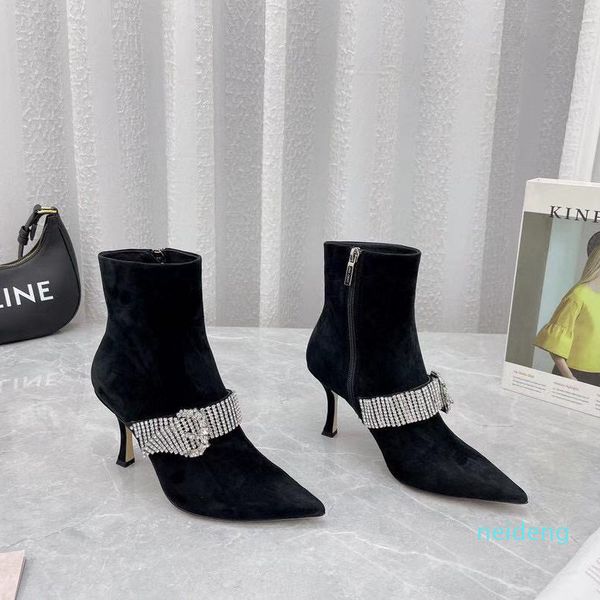 

diamond buckle fashion boots for women pointed toe party for women high thin heels designer shoes luxury brand 8895, Black