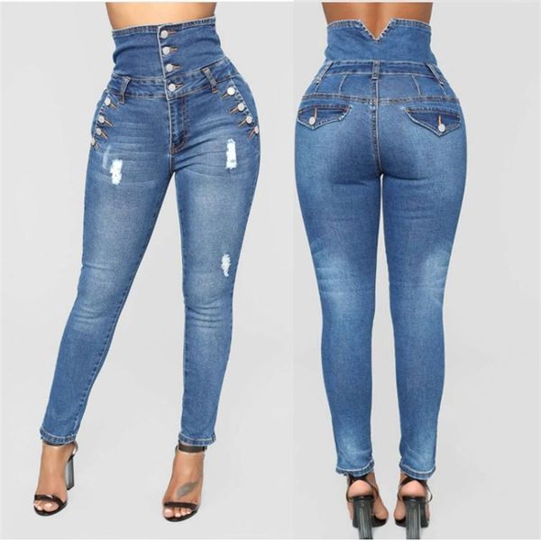 

women's jeans denim high waisted elastic leggings i12v, Blue